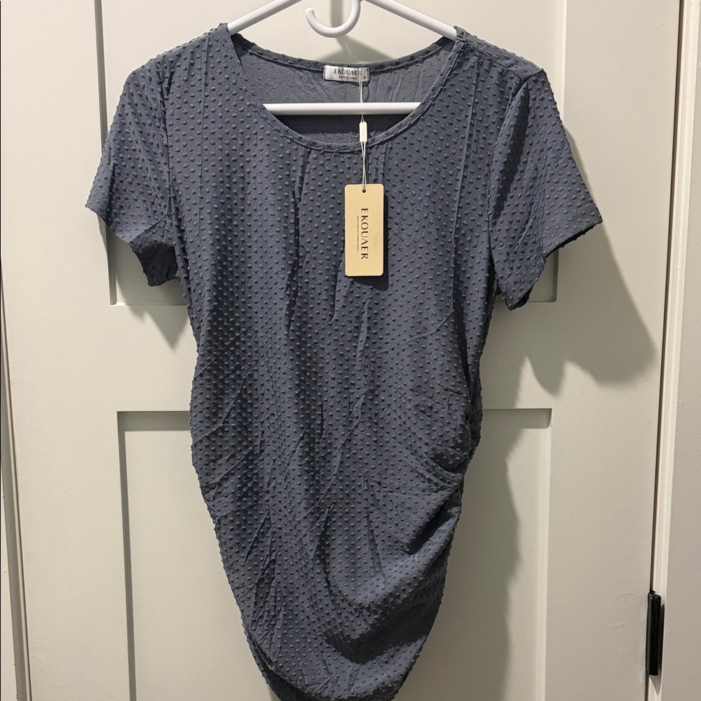 ELOUAER Women's Textured Charcoal Polka Dot Textured Short Sleeve Gathered Sides